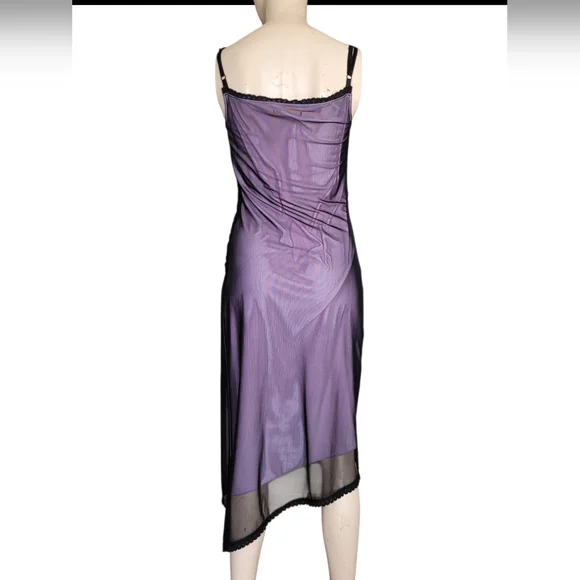 Vintage 90s Whimsigoth Lilac Slip Dress Black Mesh Overlay Asymmetrical Large - Picture 8 of 15